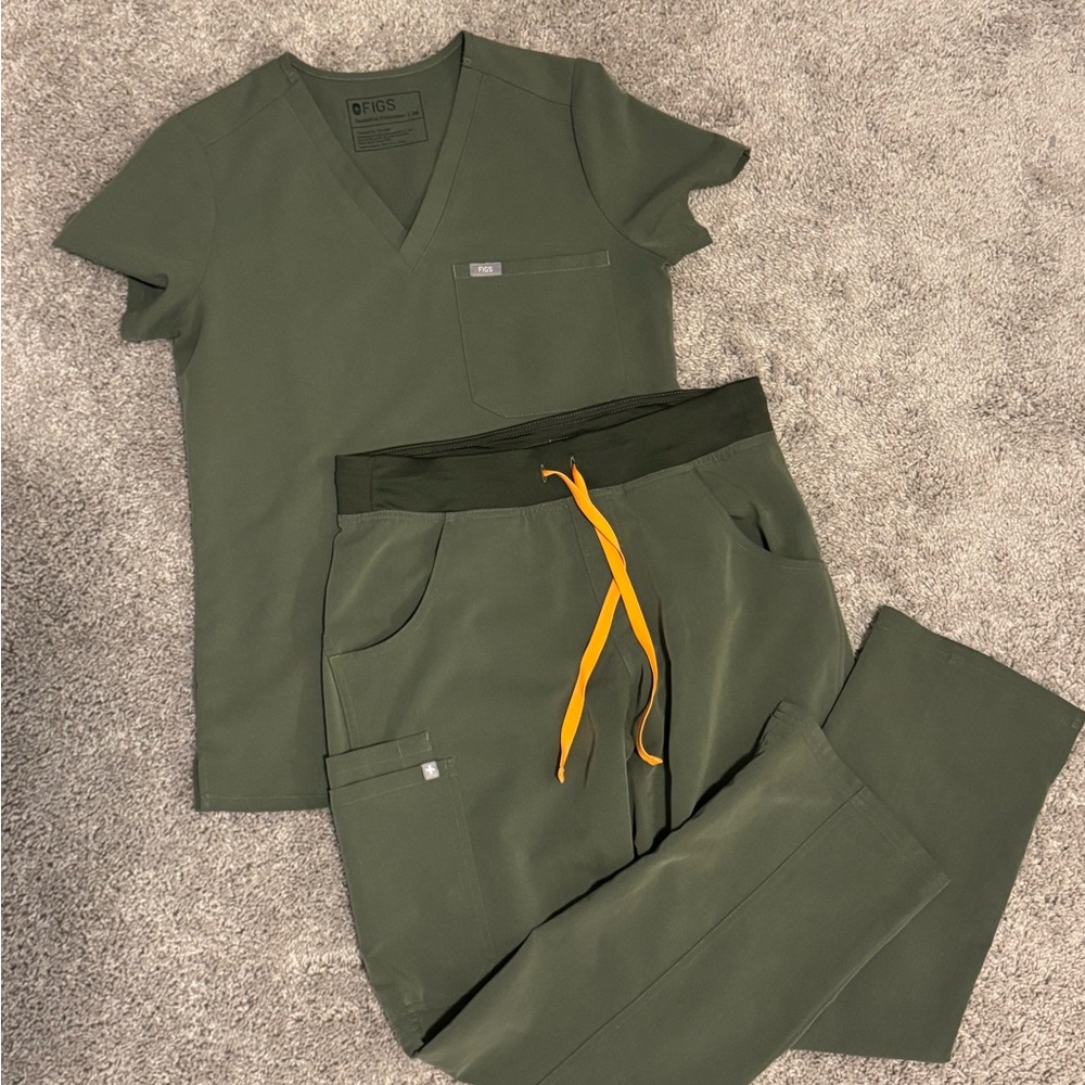 Figs Olive Green Scrub Set with Orange Accent